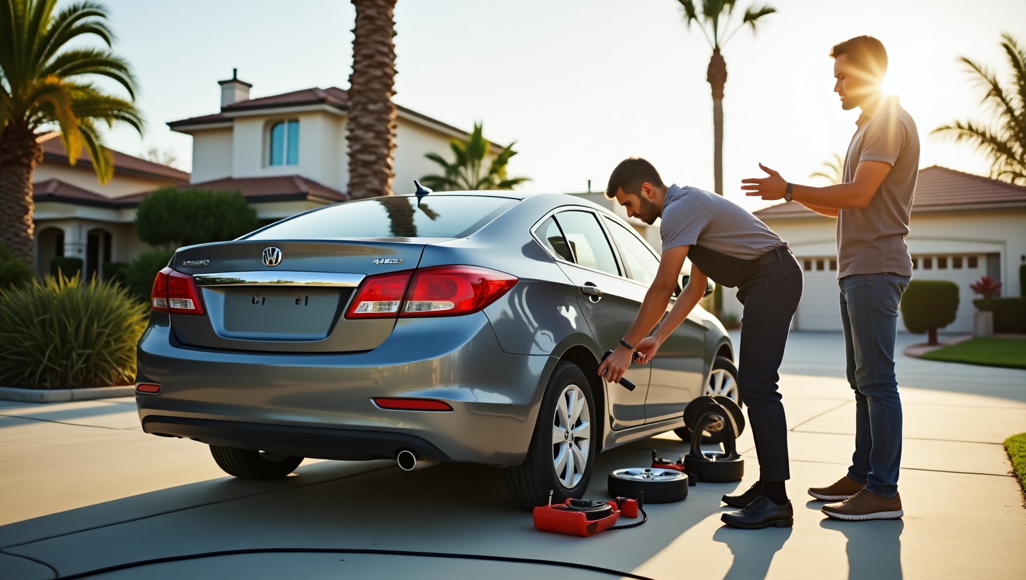 A certified mobile mechanic swaps a flat tire on a car in San Diego, with palm trees and homes in the background, as the car owner watches in relief.
